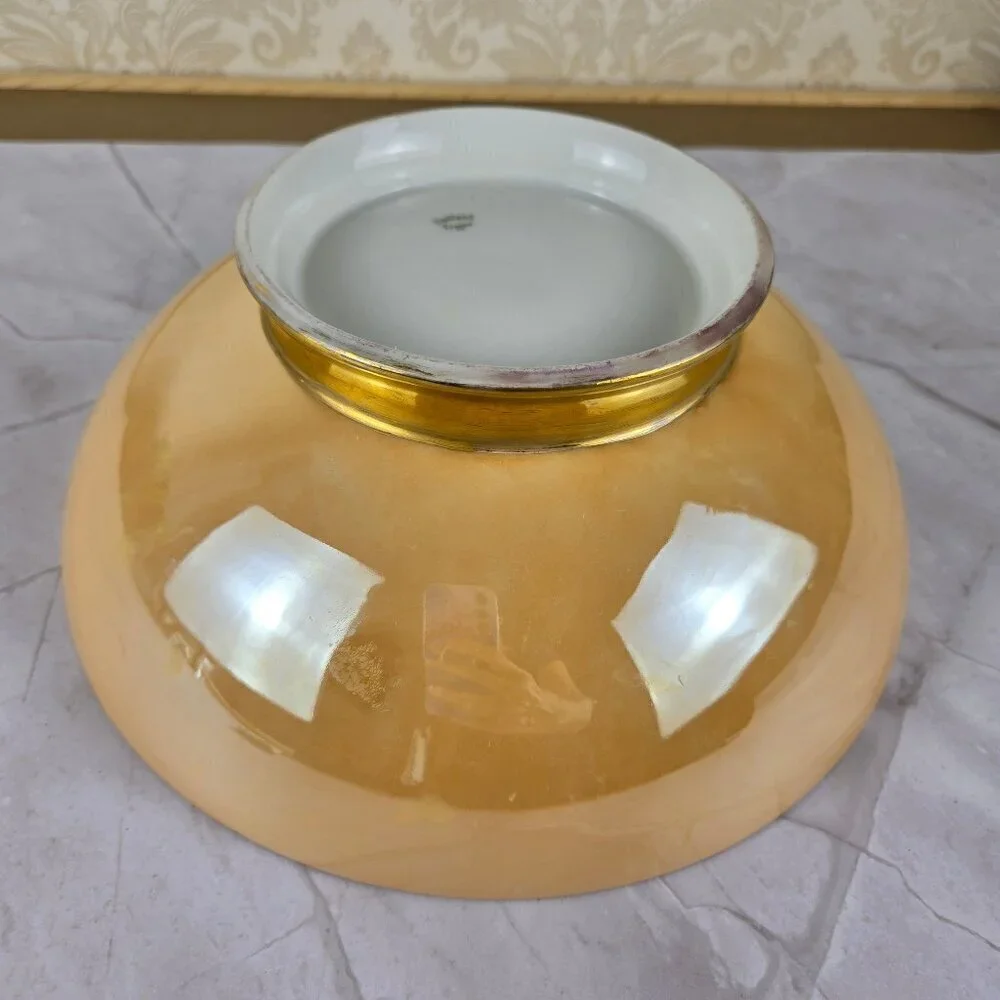 Haviland Porcelain Lusterware Serving Bowl Gold Floral Interior Stripe Vintage